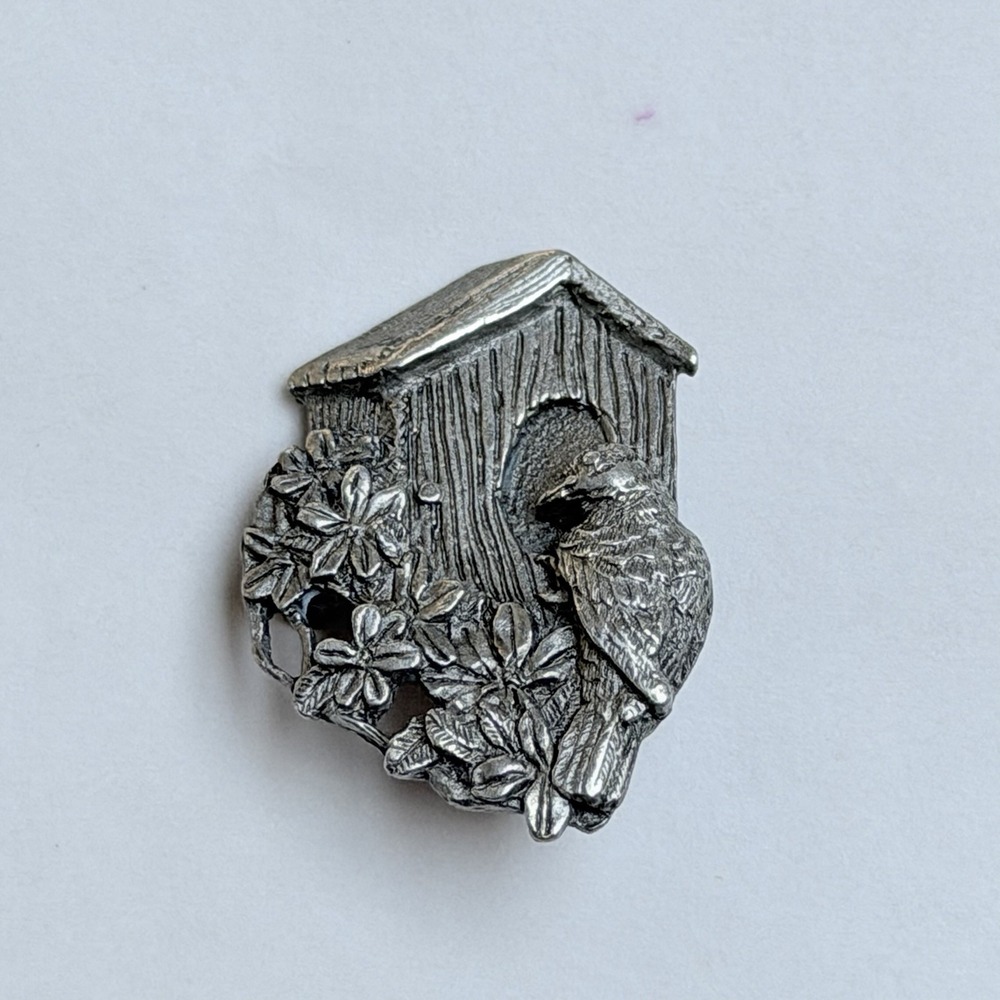 Birds & Bloom 1997 Signed Vintage Bird Birdhouse Flower Brooch Pin Gift Garden
